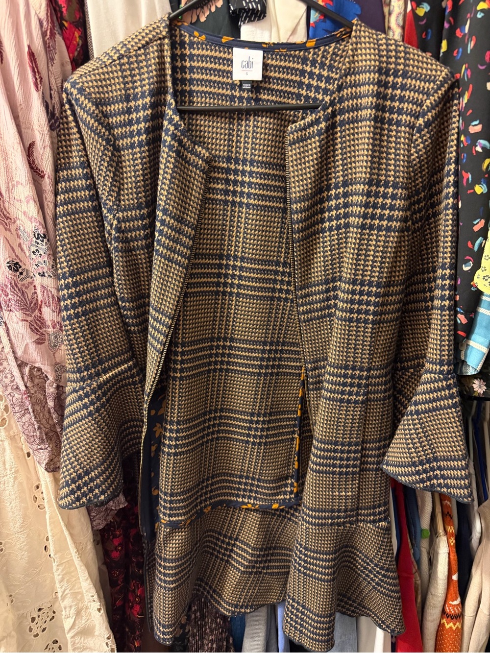 CAbi Navy and Camel Plaid Collarless Blazer